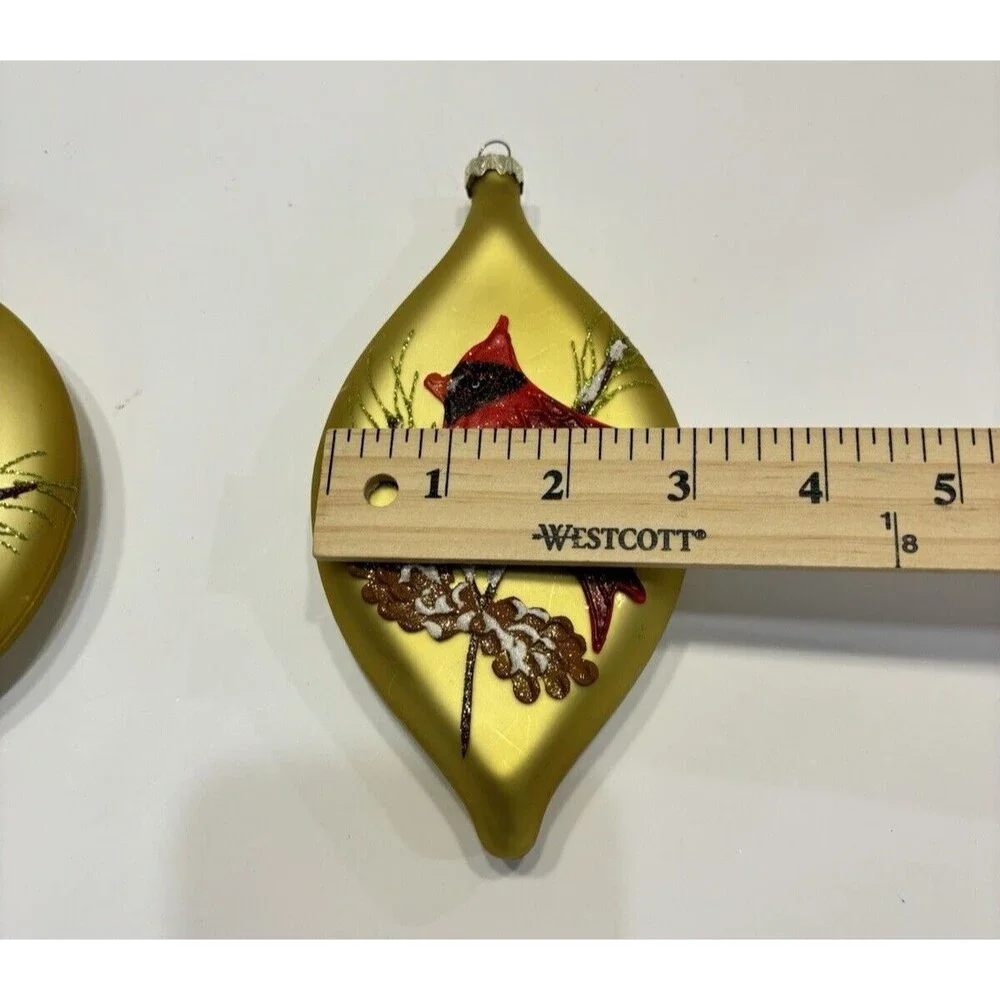 Vtg Christmas Ornaments Glass Red CARDINAL Bird Gold Handpainted Set Christmas